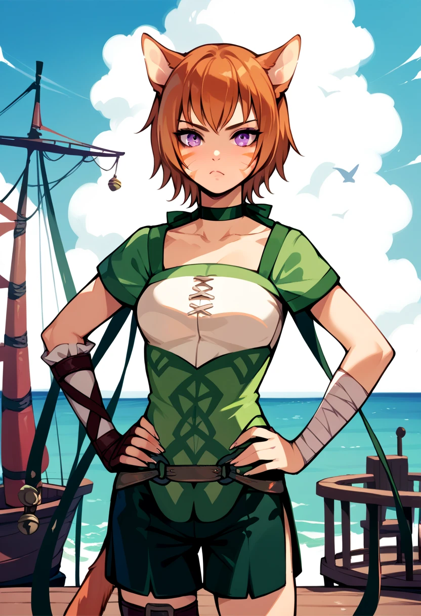 Illustration, realistic proportions, Lethe, purple eyes, cat ears, cat tail, whisker markings, side slit shorts, stern look, hands in hips, wood ship in background