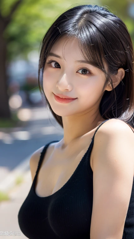 highest quality, masterpiece, ultra high resolution, (realistic:1.4), Raw photo, (High neck sweater and skirt), Full body shot,(18 year old female),  (An 18-year-old girl, most famous japanese idol, (very beautiful black hair shortcut), Very cute face like the most popular Japanese idol, Round face raccoon face, ((very beautiful big black eyes)), Shy smile, very beautiful lips, very beautiful skin, very beautiful long eyelashes, slender body, boobs),