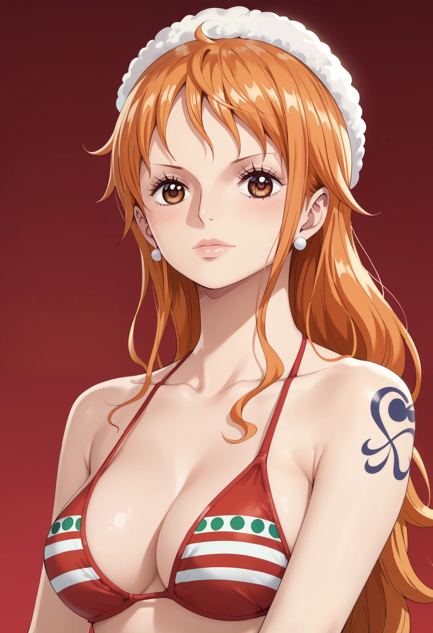 extremely detailed CG, high resolution, best quality, masterpiece, single woman, nami (one piece), brown eyes, (beautiful detailed eyes: 1.4), orange hair, christmas bikini, natural pose, red background (gradient)