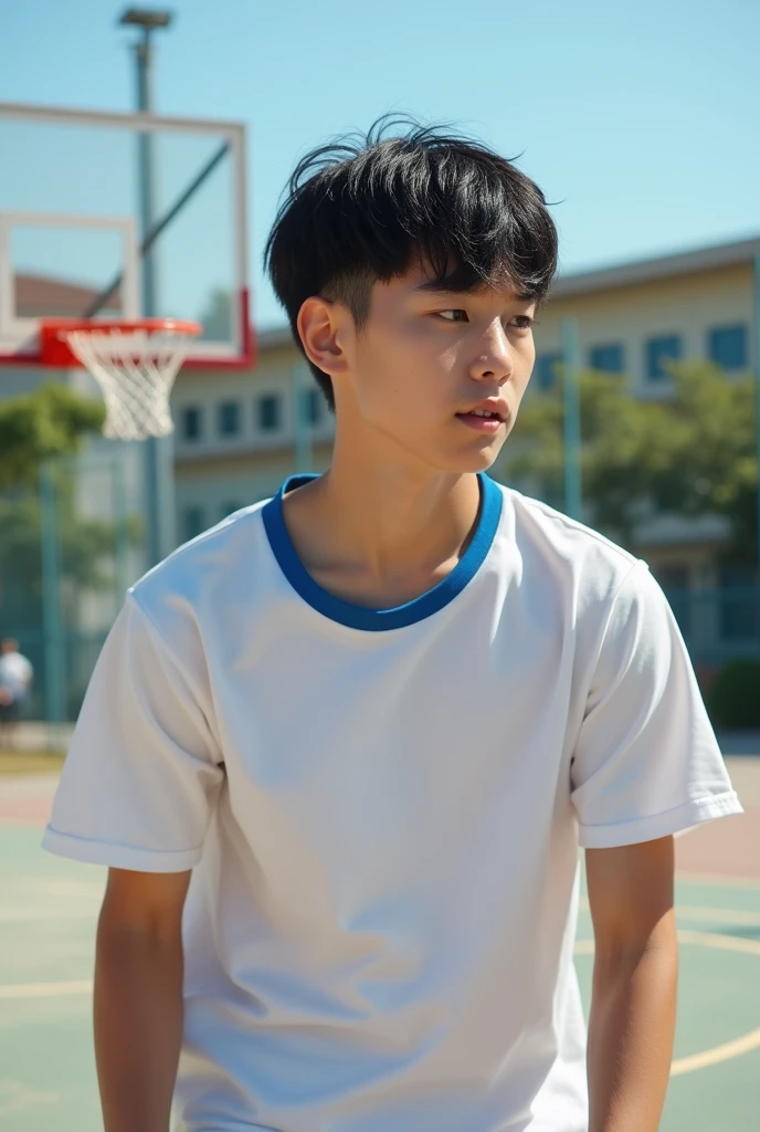 realistic photograph of a fair-skinned young man ,  taper fade haircut with BANGS , fringe style ,  textured on the forehead ,  black hair between -18 yelaying basketball on a school court. Looking forward 

He wears a simple sports uniform ( white t-shirt with blue details ).

 The background shows a concrete court with rings and a couple of trees or typical school buildings.


style:  realistic ,  with natural lighting such as on a sunny afternoon .
