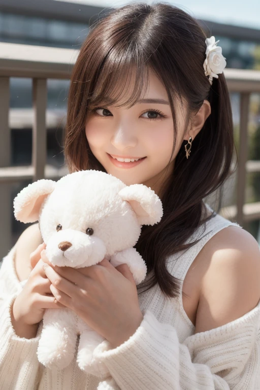 One girl, naked, Animal ears, Purple eyes, Brown Hair, wing, alone, Long Hair, blush, Cat耳, Flowers, View your viewers, Braid, bow, dress, pink Flowers, bow, hair accessory, bangs, Cat, Hair Flower, Animal ears毛, Holding, Virtual YouTuber, Blue ribbon, Holding animal, Catwoman, stuffed toy