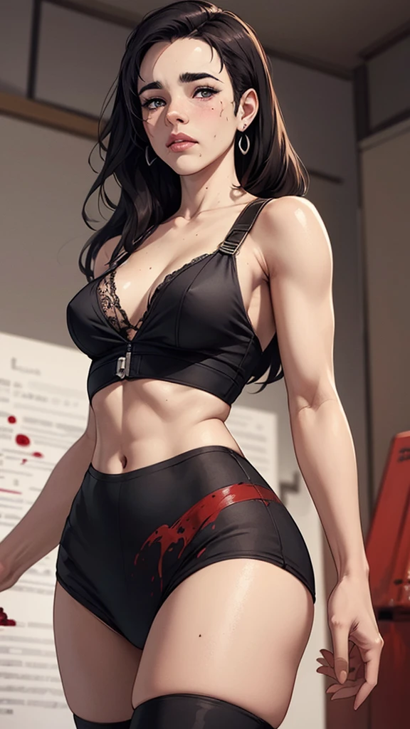 looking at viewer, choker, bracers, handcuffs, high heels, female sitting on black background, ((black background))((lustful smirking smile face red blushed red cheeks)) hands (clenching) on hips