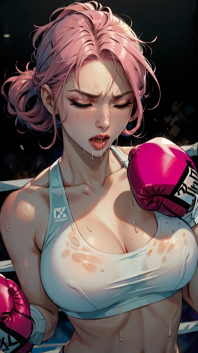 Female Boxers、Pink hair、Cornrow Hair、sexy lip、Fancy makeup、Sportsbra、((White boxing gloves))、((My face is turned to the side))、((syncope))、((Both eyes are closed))、Image from chest to top、Sweat and saliva all over the body、Splattering sweat、Face distorted by pain、Mouth open、During a women's boxing match、