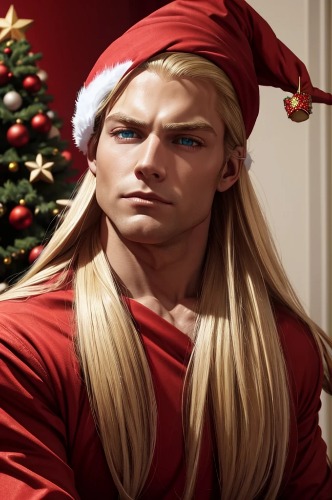 Long blonde hair, BLUE eyes, American face, realistic, detailed, Andy Bogard, beautiful face, waist, look at viewer, 1 man, sitting, ((red Christmas hat)), Christmas tree, Christmas gift, Christmas, room, detailed hands, body, muscular, sexy face, Full body 