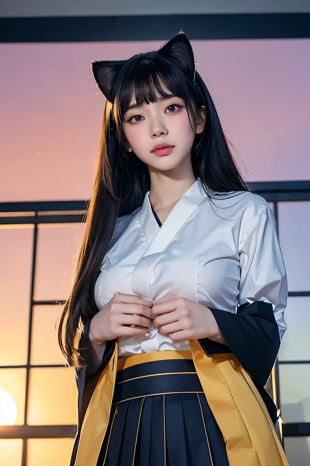 Beautiful Japan woman, nice perfect face with soft skin, small face with nose and rose-like lips, beautiful eyes, beautiful smile. Black, thin and long beautiful hair bathed in a bright etheric shine. Swing wave long hairstyle, navy band collar shirt× houndstooth yellow flared skirt, bright neon colorful background, super realistic woman photo, high quality High resolution 8K masterpiece