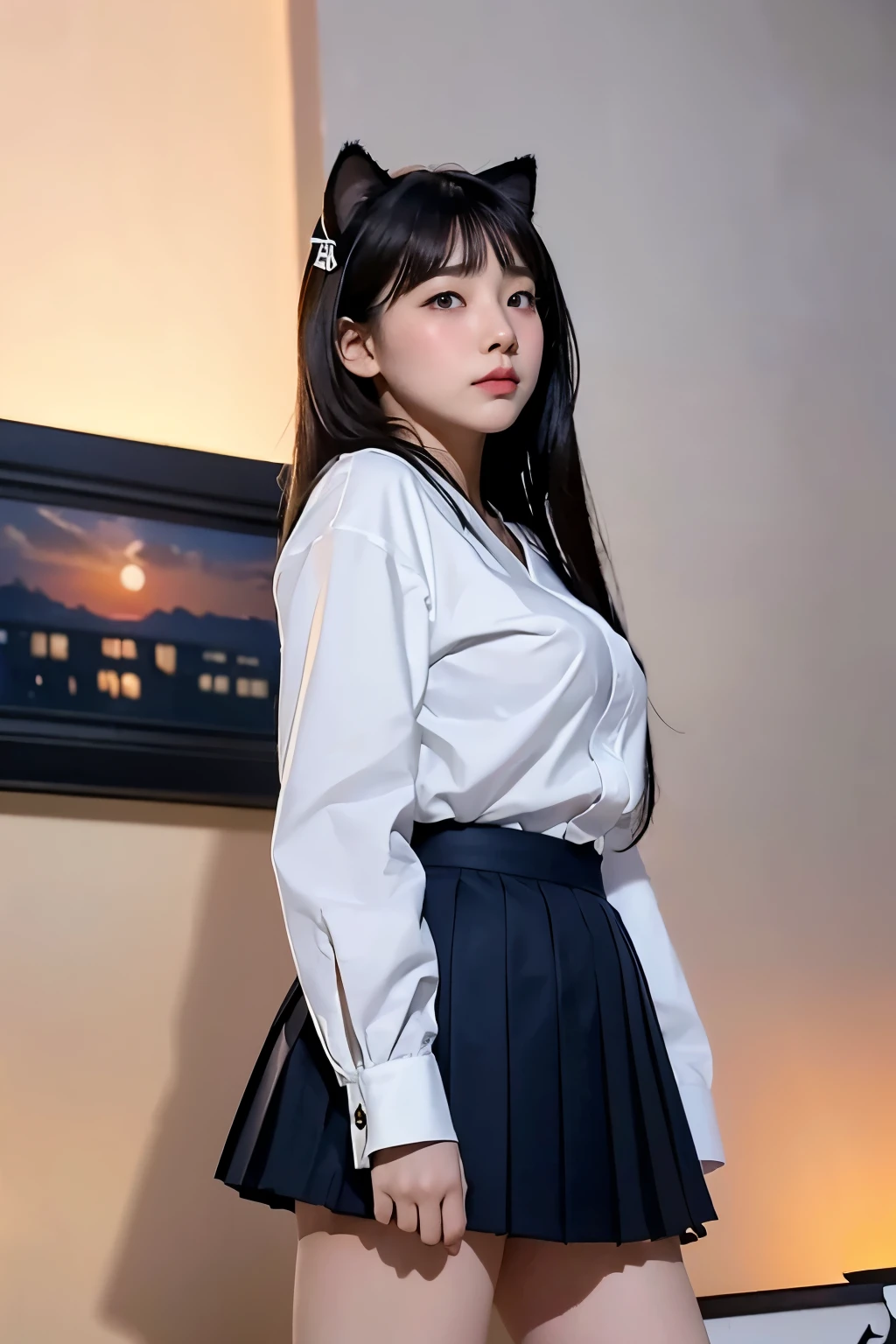 ulzang-6500-v1.1, (RAW photo:1.2), (Photorealistic:1.4), Beautiful detailed girl, Very detailed eyes and face, Beautiful detailed eyes, ridiculous, Incredibly Ridiculous res, hugefilesize, Super detailed, high resolution, Very detailed, Best quality, Masterpiece, kemomimi, ((Japanes girl' high school uniform)), illustration, Very detailed, CG, unified, 8K wallpaper, Amazing, Fine details, Masterpiece, Best quality, Very detailed CG uniform 8k wallpaper, light in face, Cinematic lighting, 1girll, old, (()), ((Dynamic pose))), (Half), (Pantyhose))