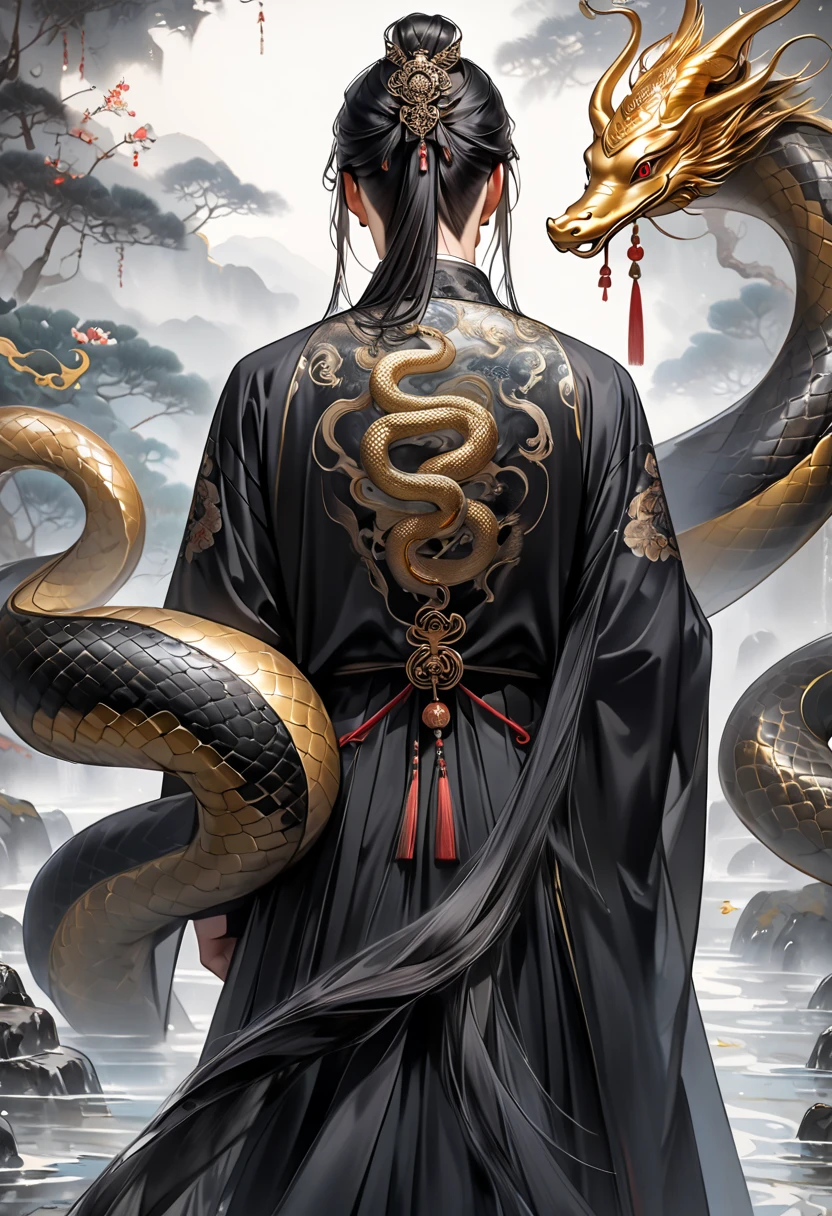 Handsome guy wearing a very long black hair Hongte dress, realistic portrait, standing facing away, showing off his back, wearing a vintage Chinese dress 2. 5d antique Chinese dress, beautiful black eyes, bright water color, background is very large snake, with a graceful golden horn on the back of a sacred big one.