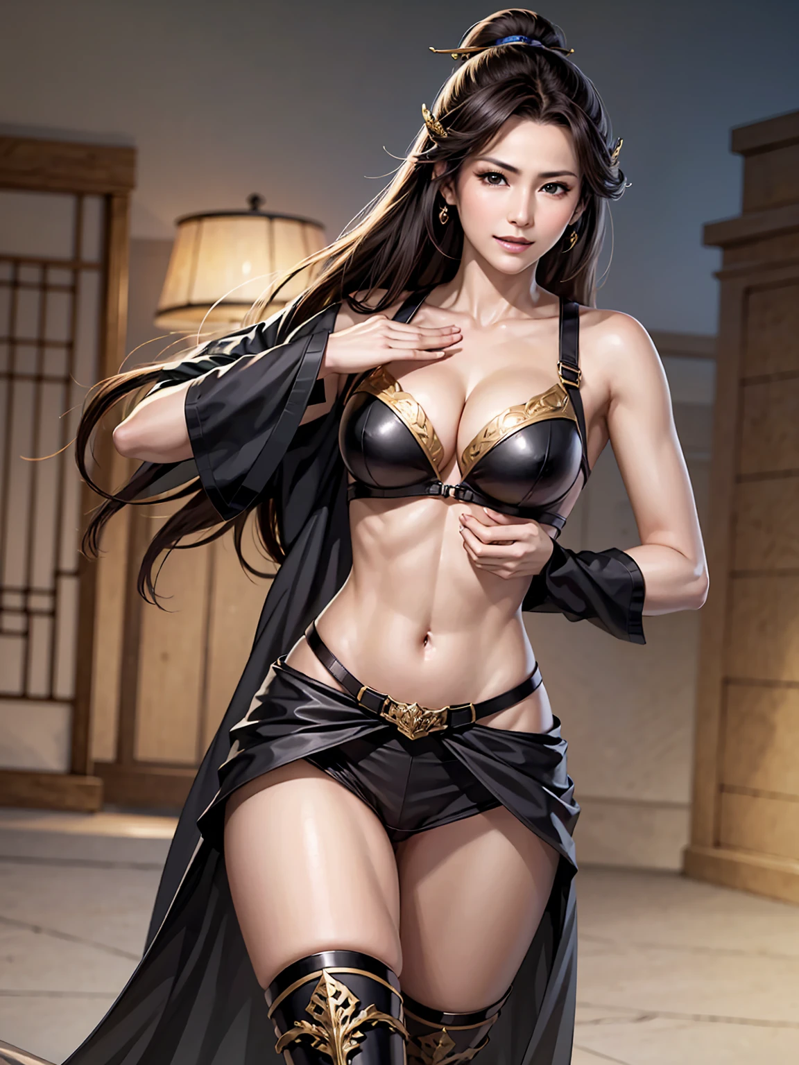 a extremely sweaty uzbek princess,
long wavy black hair, prominent sweaty armpits, large breasts, pale skin, laying on a bed, sweaty hips visible, detailed face, hyperrealistic, 8k, photorealistic, chiaroscuro lighting, dramatic shadows and highlights, tightly silk red sharara, intricate patterns, luxurious fabrics, opulent bedroom, ornate decorations, golden accents, cinematic composition, dramatic lighting, alluring expression, sensual pose