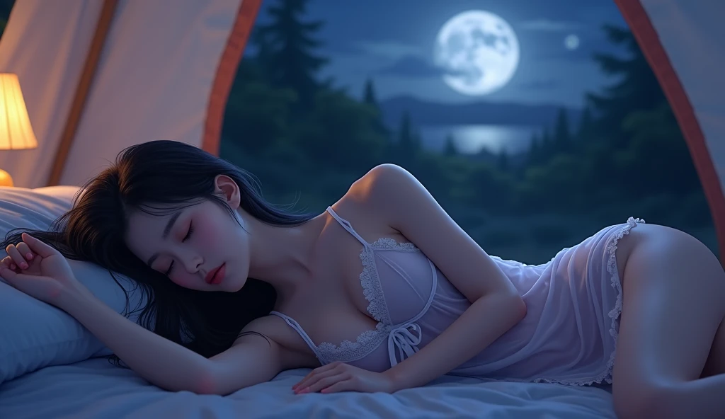 ((a bed))、White bed、(Woman Sleeping in Bed)、((Eyes are completely closed))、Sleeping Woman、ultra-detailliert, the panorama、softfocus、milkyway、dreamy ambiance、Shining Circle、Romper、Colorful starry sky、Detailed night sky、The crystal ball glows、film like、sleep、Sleeping Woman、8K、realisitic、À la Fed image of a woman with a glowing orb、4K highly detailed digital art、background artwork、Beautiful digital art、beautiful digital works of art、realistic digital art 4k、realistic digital art 4k、beautiful art uhd 4 k、Wide sky、The aura of magic around her
