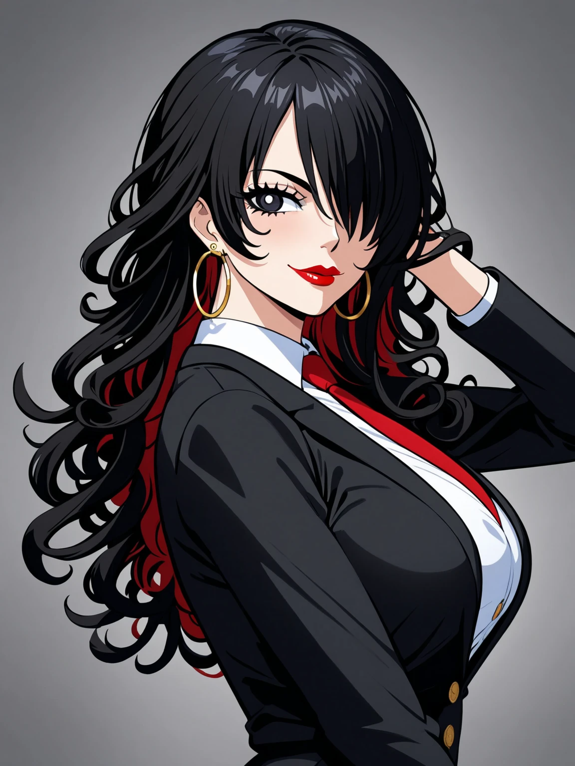 (character portrait), (((one piece))), business pants suit, (black office suits), red necktie, a beautiful woman, very tall woman with great style, female mafia-boss, perfect big breasts, perfect big breasts, plump ass, slender body, (((1girl))), (((solo))), long curly hair, black hair, black pupils, hair over one eye, perfect hands, perfect face, perfect eyes, perfect body, perfect legs, red lips, beautiful legs, (white plain background), hair over one eye, black hair, hoop earrings, ,suit, pants, necktie, onepiecestyle,black eyes, black hair, hoop earrings, smile