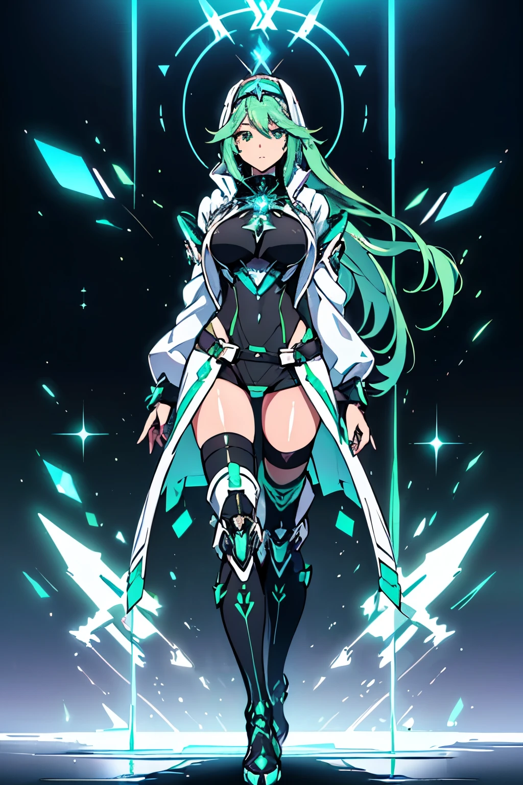 Anime, Girl, (((1girl))), (((Waifu, Xenoblade Chronicles 2, Pneuma Waifu))), (((Seafoam Green Hair, Long Hair))), ((Seafoam Green Eyes eyes:1.3, Upturned Eyes: 1, Perfect Eyes, Beautiful Detailed Eyes, Gradient eyes: 1, Finely Detailed Beautiful Eyes: 1, Symmetrical Eyes: 1, Big Highlight On Eyes: 1.2)), (((Lustrous Skin: 1.5, Bright Skin: 1.5, Skin Fair, Shiny Skin, Very Shiny Skin, Shiny Body, Plastic Glitter Skin, Exaggerated Shiny Skin, Illuminated Skin))), (Detailed Body, (Detailed Face)), (((Stoic expression))), Young, Idol Pose, (Best Quality), ((((Nun Robes))), (((Habit))), ((((Techwear))), (((Thigh-high Heeled Boots))), Holy Cross Motif), High Resolution, Sharp Focus, Ultra Detailed, Extremely Detailed, Extremely High Quality Artwork, (Realistic, Photorealistic: 1.37), 8k_Wallpaper, (Extremely Detailed CG 8k), (Very Fine 8K CG), ((Hyper Super Ultra Detailed Perfect Piece)), (((Flawlessmasterpiece))), Illustration, Vibrant Colors, (Intricate), High Contrast, Selective Lighting, Double Exposure, HDR (High Dynamic Range), Post-processing, Background Blur