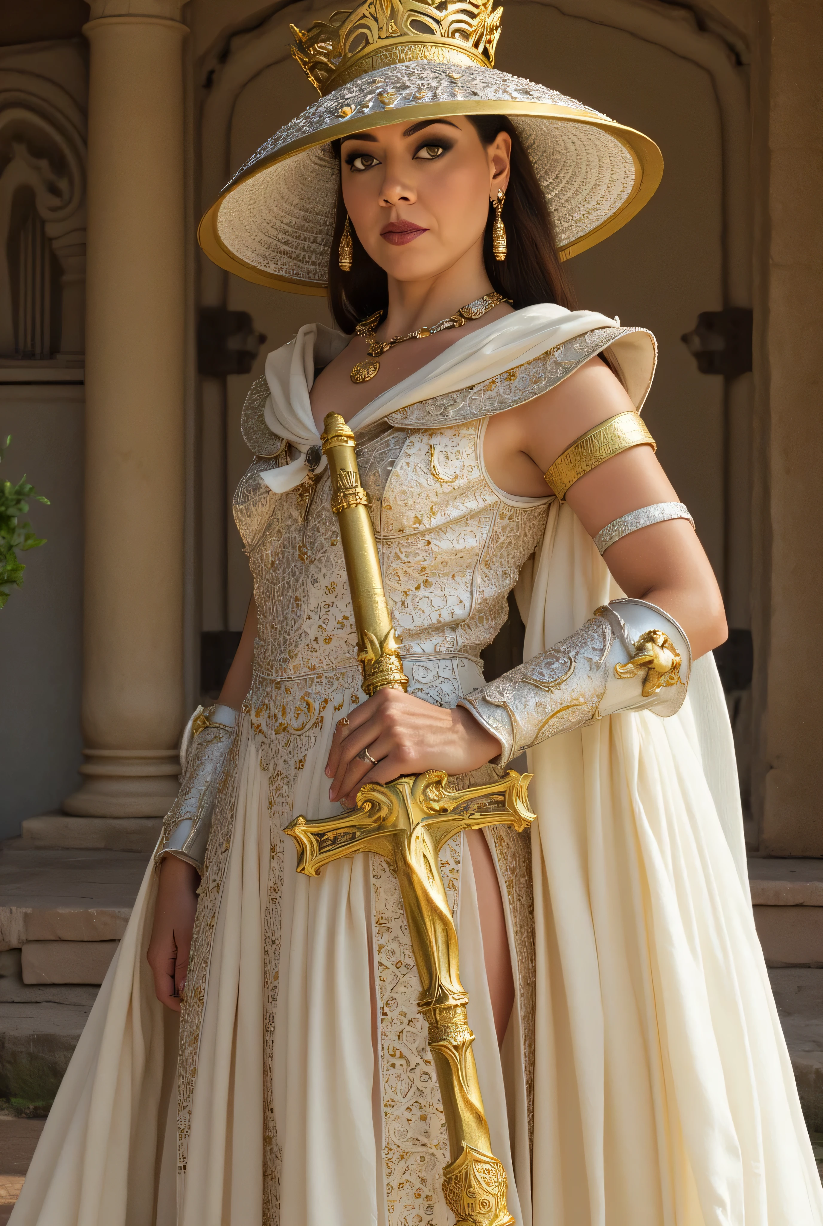 beautiful detailed photograph, Ashrah, noble warrior woman, flowing white outfit, golden accents, divine regal appearance, intricate embroidery, armor-like designs, structured shoulder plates and bracers, unique wide-brimmed hat with a veil, embellished with golden patterns, celestial vibe, holds wavy ceremonial sword with elegant hilt, poised commanding pose, elegance, authority, temple background, wotr_portrait