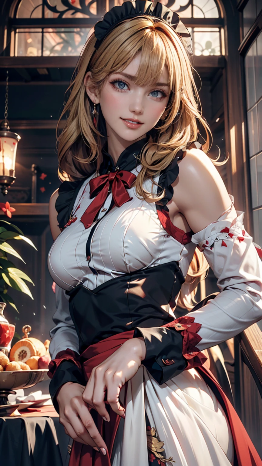(((One girl))), ((beach)), noon, blond hair, bob cut, breasts, from front, (cowboy shot), standard body, (looking at viewer), ((dirndl)), ager, head tilt:1.3, (((blue eye))), ((happy smile)), anime style, (best quality, 4k, 8k, highres, masterpiece:1.2, ultra-detailed, ultra-detailed eyes, HDR, UHD, studio lighting, ultra-fine painting, sharp focus, physically-based rendering, extreme detail description, professional, vivid colors, bokeh), ((Highest quality, Best image quality, Ultra-high resolution, Ultra-high resolution, solo, Strong eye highlights)), Depth of written boundary, Natural soft light, attractive, Beautiful Face, Cleanliness, Pure Face, nedium chest, Beautiful Face, Perfect Fingers, Perfect hands, Perfect body, Perfect Face, Shine a light into your eyes, Perfect Anatomy