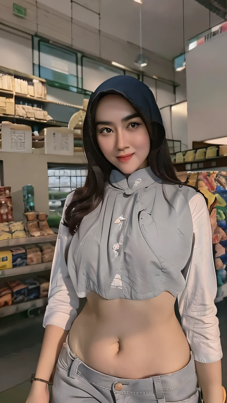 Hijab girl,big boob,ultra underboob, chinese girl,not smile ,long navel, crop top gray button shirt, very shorts sports, girl in the supermarket,very fatty belly,belly greasy, low rise pants,very long navel, narrow deep long navel, tight clothes, wide waist, wide ribs, white skin