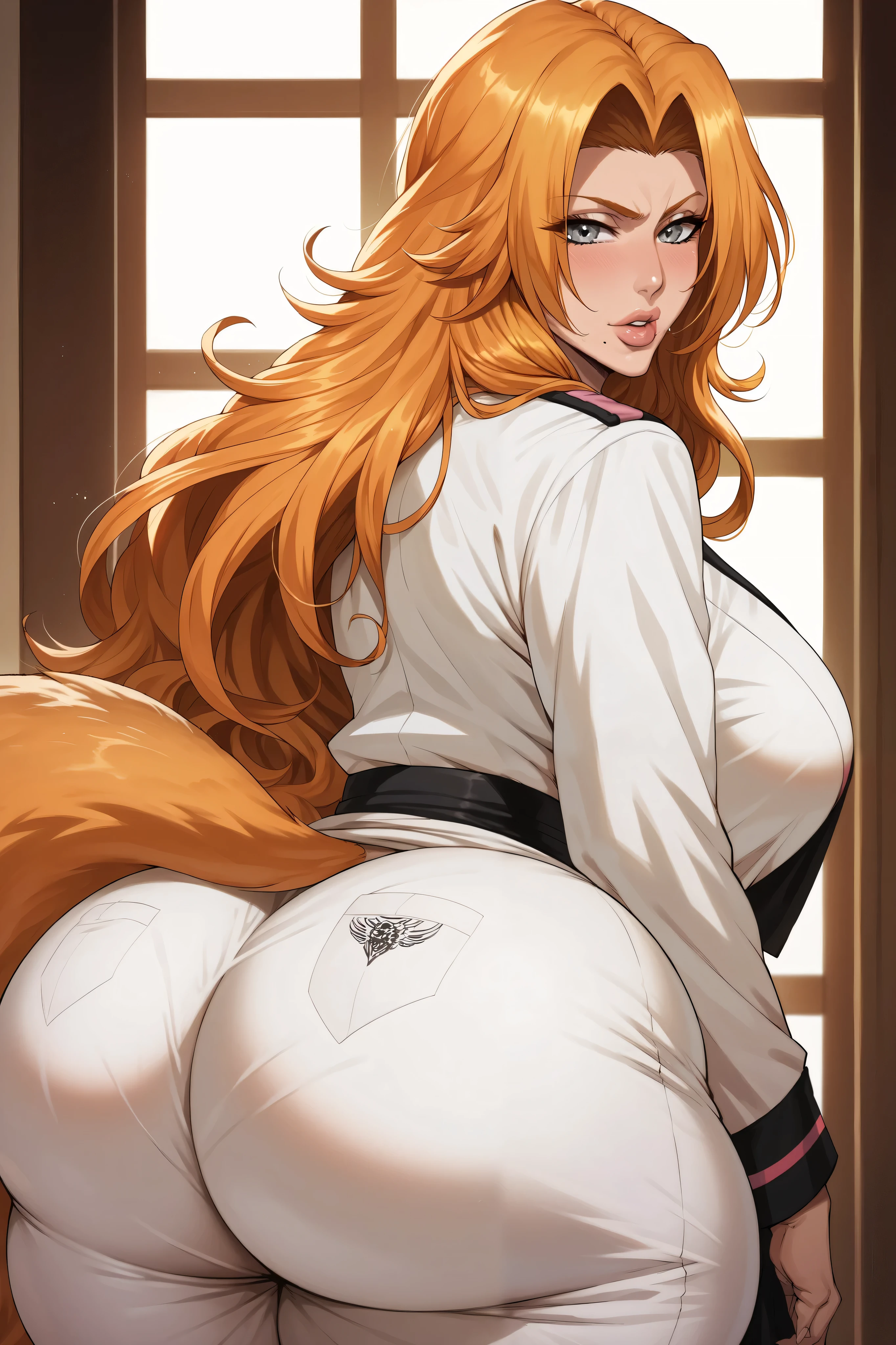 rating_explicit heat body, tall, milf, rangiku matsumoto, long hair, grey eyes, orange hair, mole, mole under mouth, parted bangs,, white monk uniform, long sleeves, detailed eyes, heart shaped lips, fox tail. senos enormes, bottomheavy, gigantic ass, massive thighs,(obra maestra, altamente detallado, la mejor calidad, 8k),