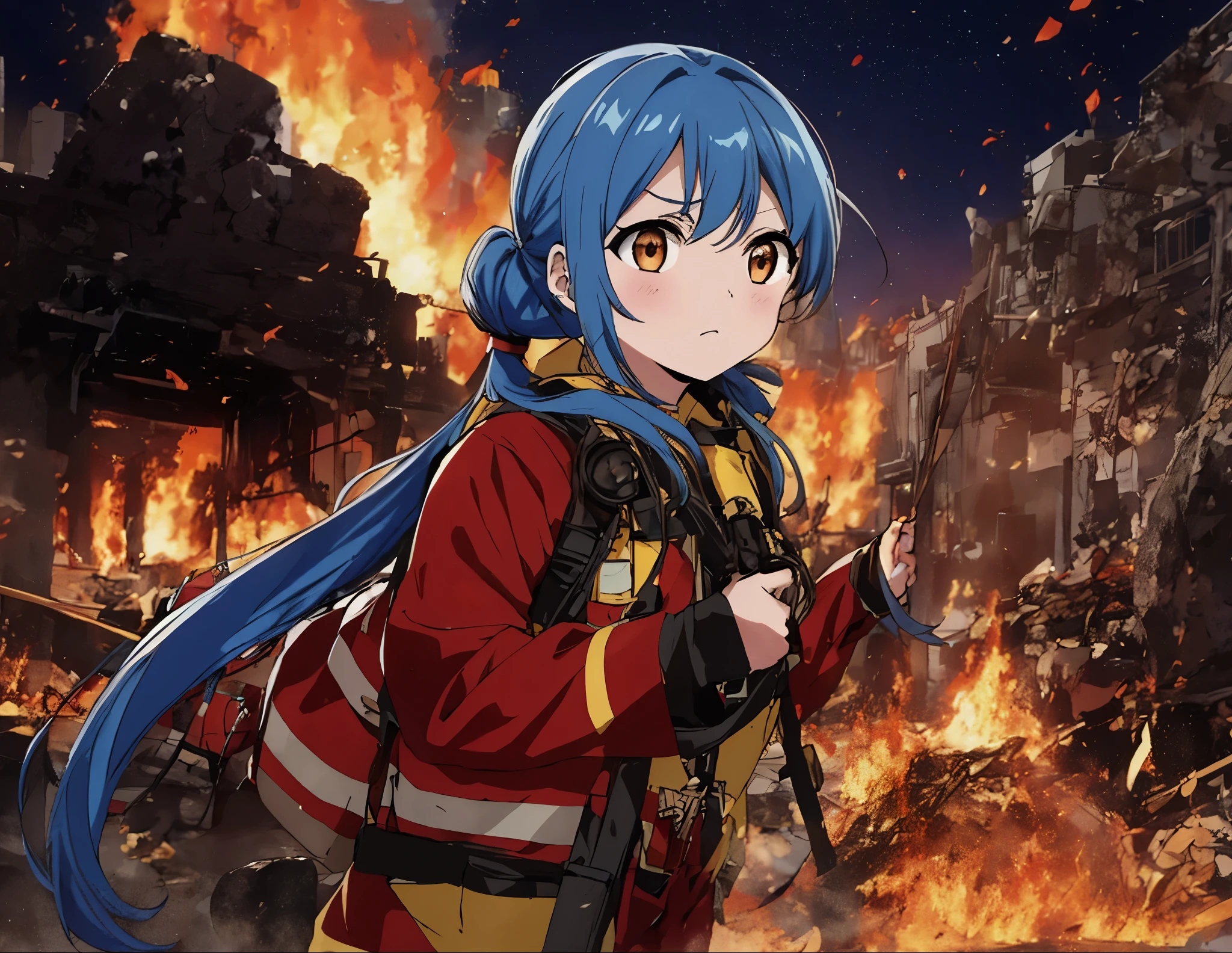 masterpiece,  top quality,  Light Blue Long Hair 、 One  with Twin Tails ,   viewers who stop at the edge, ,, bangs,  Small chest,,  Orange Firefighter's Uniform , 消防用具, Fire Kit ,  I sweated, dirty, Dirty, tired,  Tight Body ,  abs, ,  is standing in front of a red fire engine,  Candid Shot ,  camera ,  night view, Dramatic lighting,  Heavy Air 