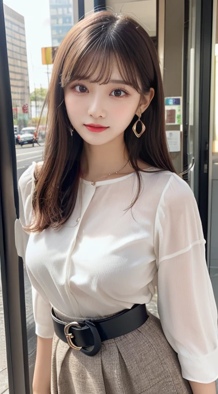 Grey eyes, Korean , summer shirt, ribbon tie, skirt, Light blonde, school stairs, going down school stairs, chest thrusting pose, chest bragging pose, 8K RAW photo, high resolucion, cool Korean at 16 years old, very big round chest, beautiful eyes in detail, long eyeslashes, beautiful double eyelids, eyeshadows, eyeliner, slender eyes, elongated eye shape, sanpaku eyes, malevolent grin, evil look, Beautiful very thin legs, beautiful very thin thighs, random medium hair, hair tied behind the head, Earrings,