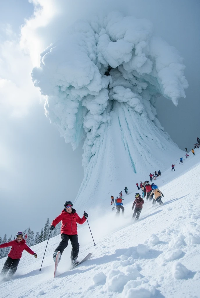 People on ski running scared from incoming snow avalance, dramatic, scary, horrifying