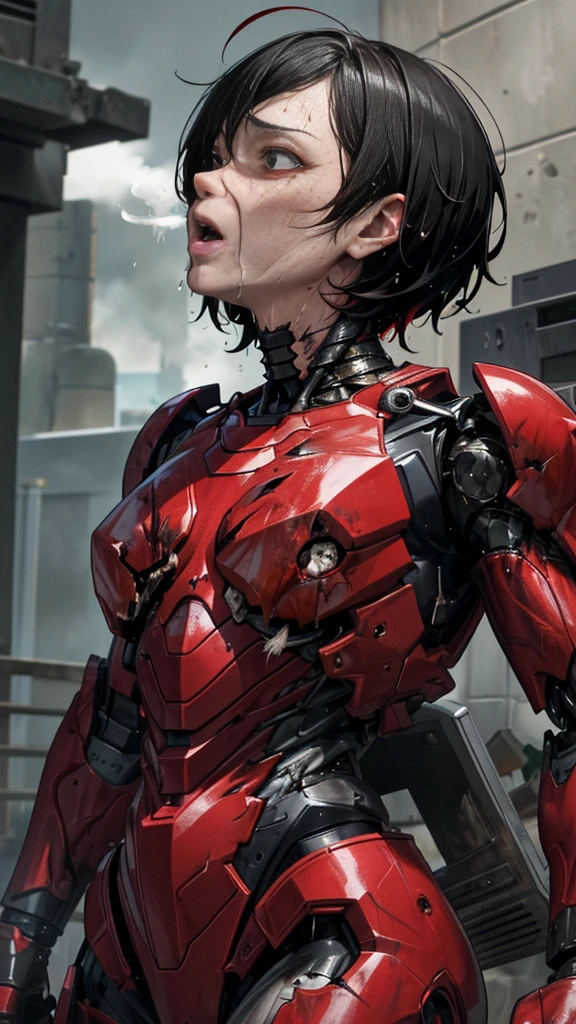 Rough skin,   very detailed ,  Graveyard details   ,   High Quality , 最  High Quality ,   kampala, 1080P 、Bleeding、Red Armor、Wearing red and black、cute(( severe damage to the entire body ))(  wearing a damaged female robot suit...)(Red Armor)(Broken Armor)  black hair 、、 short hair、  wet 、  mouth、Sweaty face、It hurts again、cute、、  drool ing from the mouth、 Female university student 　　( steam coming out of the face ) ((  steam from the body  ))  椅子に座る　 Touching the vagina　  drool 　  Can you look up at the  　pain　