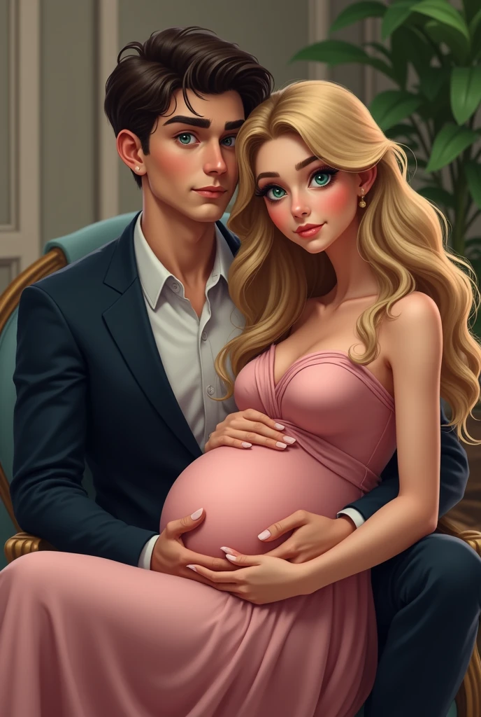 girl pregnant, sitting in bed next to her boyfriend, 18 years old, blonde hair, long hair, pigtails hairstyle,blue eyes, bright eyes, lined eyes, red lipstick, smile, cute, sexy, thick, big breasts, nipples, thick legs, (((white sleeveless pijama))),cap,earrings, necklace, bracelets, red nails, white sneakers,buttocks, very big ass, thin waist, wide hips, looking at the camera,in a room sitting next to her boyfriend, boyfriend,full body, (((voluptuous woman))), fancy