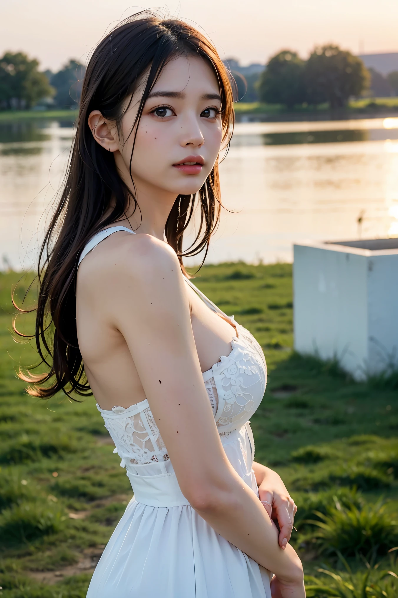 extremely detailed face, perfect lighting, best quality, photorealistic, ultra detailed, masterpiece,round hat with ribbon, short curly blonde hair, big blue eyes, cheerful expression, curvy figure, wearing a pink polka dot dress, sitting in a field of wildflowers,  <lora:pm1_v3:0.9>,1girl,