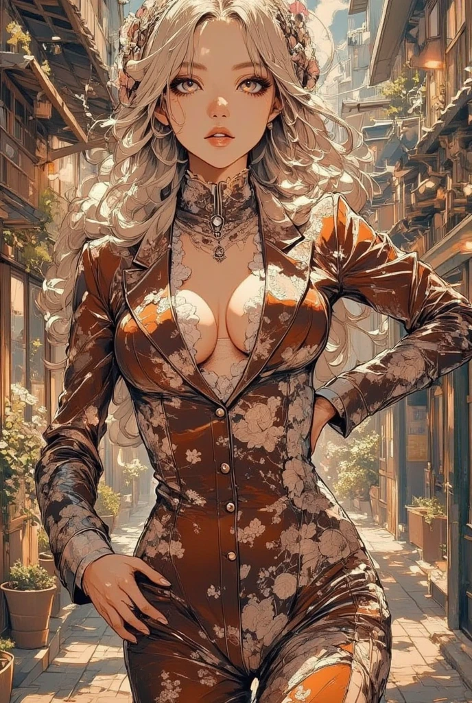 anime girl, Dressed in a Velvet Suit, beautiful pose, Sexy and Pleasant Appearance, Ideal anatomy, flirting,8k,sharp eyes, floral reverie, at anime background, asia city background, hand drawn illustration,