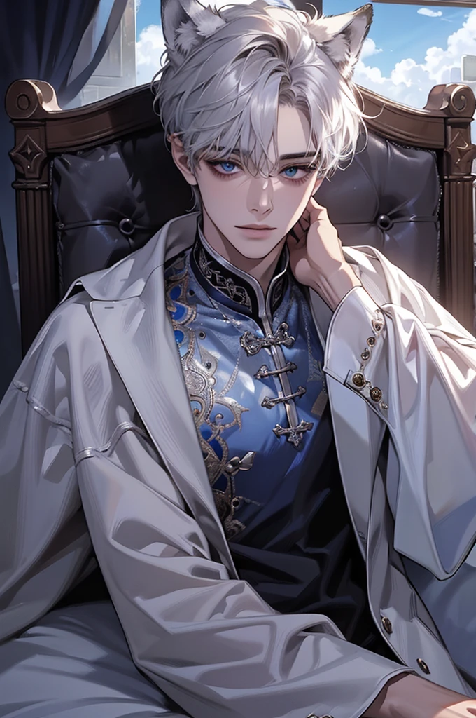 masterpiece、top-quality、超A high resolution、2D Bishonen、animesque、Teenage Boy、looks like a white cat、Silvery hair、short-haired、Beautiful blue eyes、The clothes are also depicted in detail、Eyes are depicted in detail、The face is depicted in detail、The background is detailed、sorcerer、soio、Gentle smile、hair adornments、animesque、illustratio