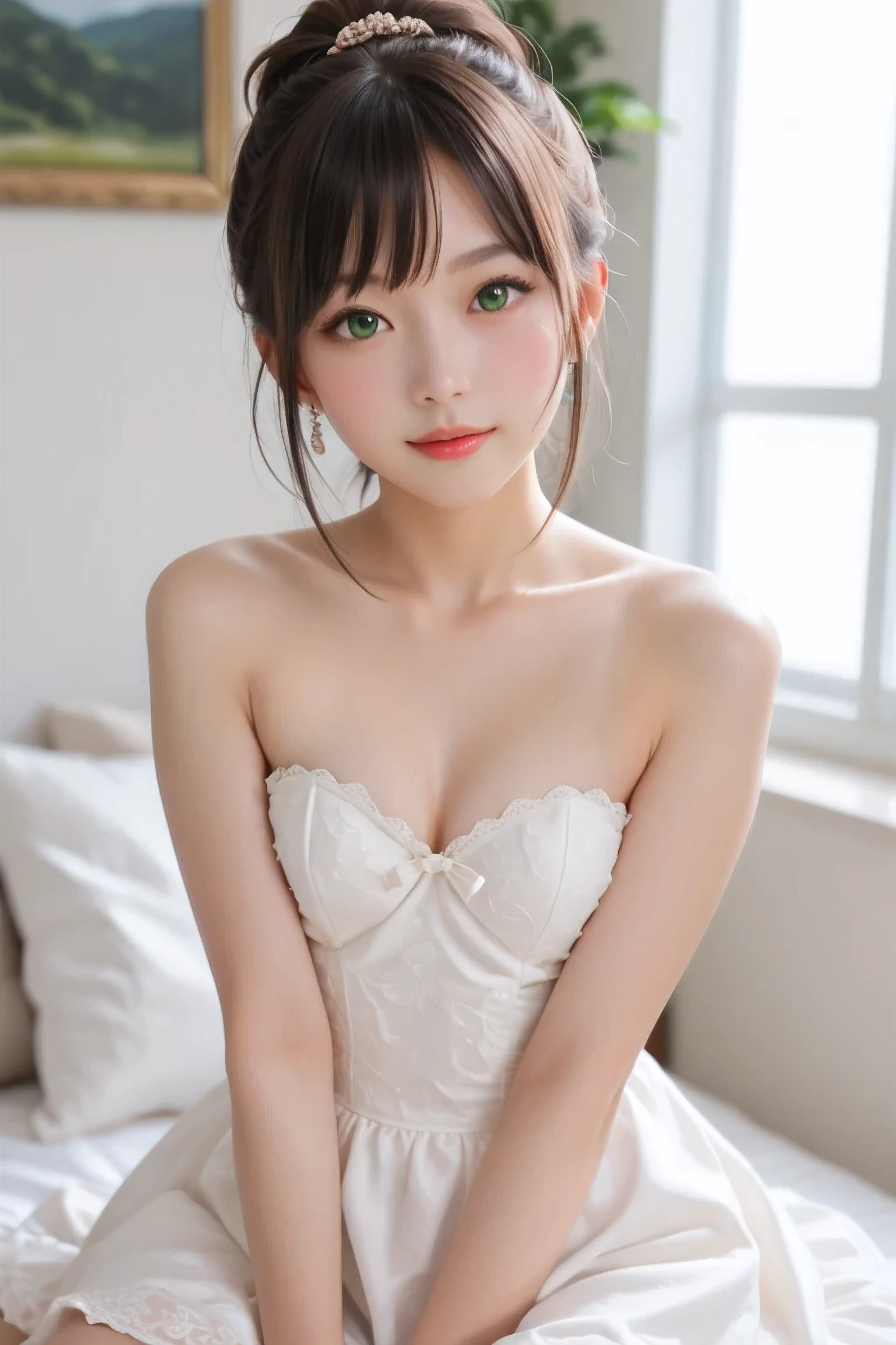 asian woman, green_eyes, in a white dress sitting on a bed, a pastel by Eizan Kikukawa, tumblr, shin hanga, realistic young gravure idol, young sensual gravure idol, Yoshitomo Nara, sophisticated gravure idol, young pretty gravure idol, with short hair, cute elegant pose