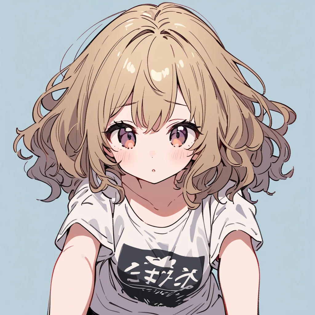  top quality,  ultra detail, Illustration, cute,  girl,  wavy hair 、Constructed directly from above 、Chest、Ｔ shirt、