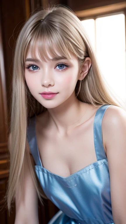  top quality、超A high resolution、picture、 cute girl pictures 、 cute and beautiful face details 、( Pueros Face _v1:0.008)、美しいbangs、 Alice in Wonderland、s、White and glowing skin、bangs、Platinum blonde super long straight silky hair、Thin Hair、Attractive beautiful clear big blue eyes、 white apron、 Blue Dress 、With makeup