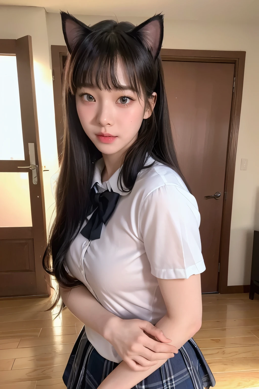 (highest quality, 8k, masterpiece ), An innocent -yeld ju, Black Hair、f cup breasts、Chest that looks like the shirt is about to tear、bangs:0.6,Glamour thighs:1.2、Very tight see-through uniform shirt:1.4、mini skirt, Highly detailed face, double eyelid,、round face:1.2、whole body、Thick thighs:1.1、loafers、round face、Diagonally from behind、On the bed、