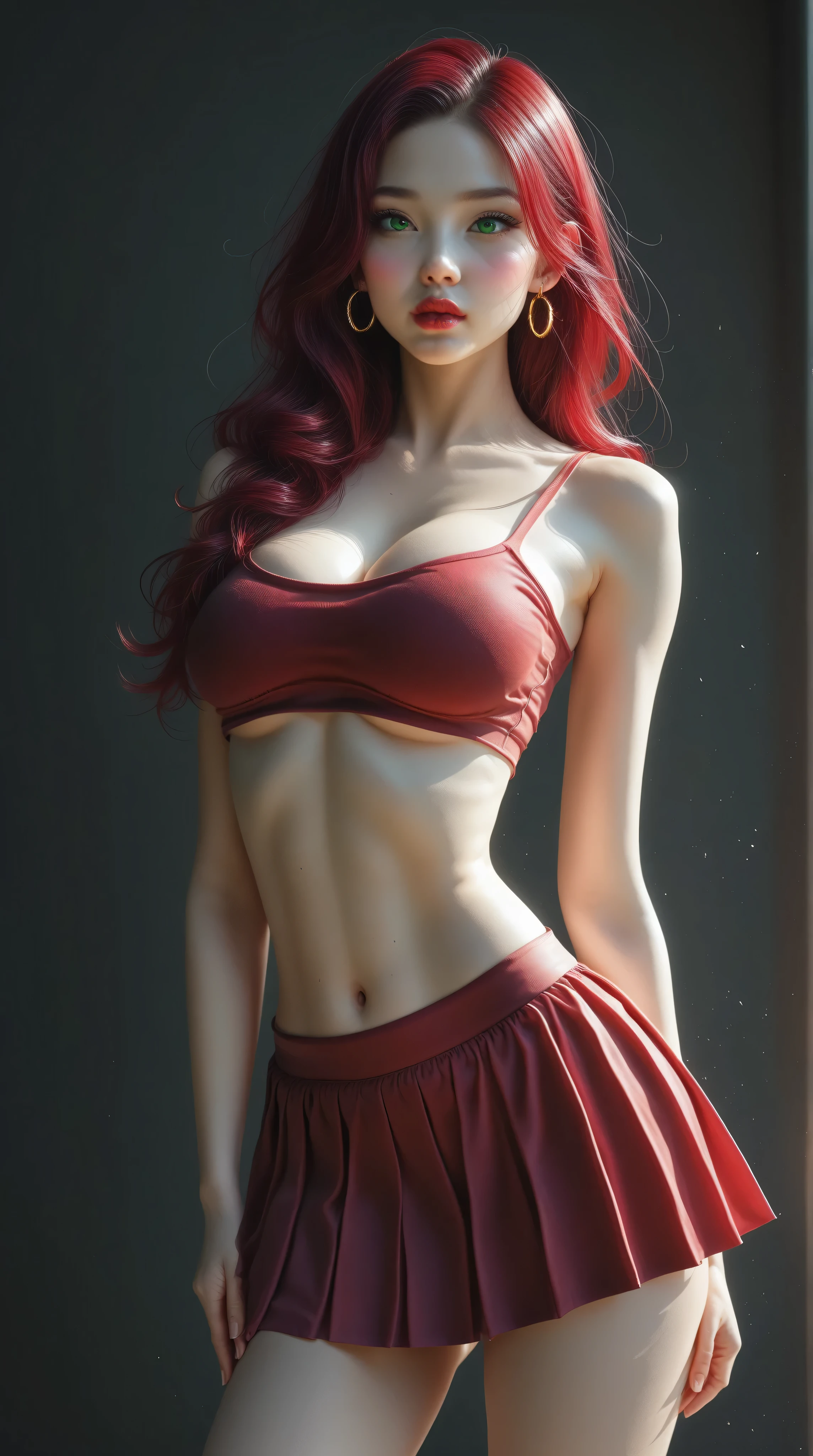 Surreal and cinematic picture of a young asian, slim fit young girl, round face, crimson lips, super slim waist, extremly long skinny legs, navel percing, big gold ear ring, blushing cheeks, very long straight dark ruby red hair, pale white skin, big green eyes, ulzzang, long eyelashes, wearing a tight, long-sleeved, crimson velvet crop top, crimson velvet mini skirt and crimson colored velvet knee high boots, black background, (arms behind back), cleavage, underboob, big breasts,