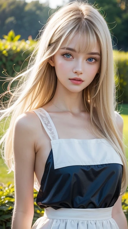  top quality、超A high resolution、picture、 cute girl pictures 、 cute and beautiful face details 、( Pueros Face _v1:0.008)、美しいbangs、 Alice in Wonderland、s、White and glowing skin、bangs、Platinum blonde super long straight silky hair、Thin Hair、Attractive beautiful clear big blue eyes、 white apron、 Blue Dress 、With makeup