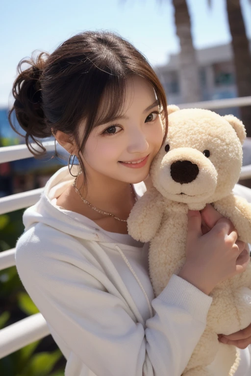 (best quality,4k,8k,highres,masterpiece:1.2),ultra-detailed,(realistic,photorealistic,photo-realistic:1.37),Illustration,Octane Render,morning park,a  walking with a teddy bear, the girl has a bun hairstyle and a smiling face, vibrant colors, soft sunlight, beautiful flowers, green grass, playful atmosphere, peaceful environment,detailed textures, vibrant colors, cute teddy bear outfit, joyful expression