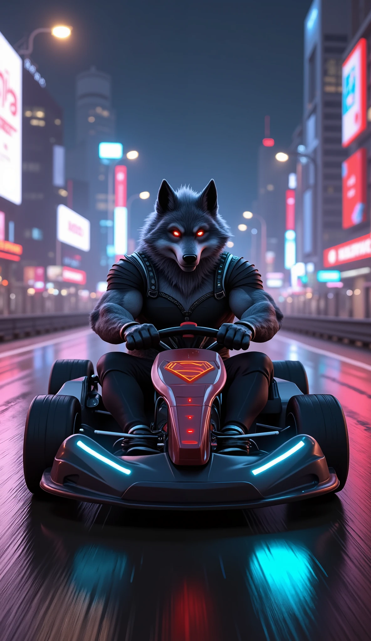 "A powerful and imposing male anthro wolf known as Death Wolf, with a muscular and well-defined bodybuilder physique, sitting confidently in a sleek, futuristic kart. The wolf’s fur is dark, with glowing silver highlights that shimmer under the bright neon lights of the city. He is dressed in a tactical racing suit, tailored to fit his muscular build, featuring metallic accents and a glowing emblem on the chest. His piercing red eyes shine with intensity as he grips the wheel, ready to race. The kart itself is a high-tech, aerodynamic machine, with glowing blue and red neon lights outlining its frame, giving it a futuristic aesthetic. The background is a bustling, neon-lit city at night, with towering skyscrapers, glowing billboards, and reflections of the lights shimmering on the wet asphalt of the track. Streetlights and glowing signs create a vibrant, dynamic atmosphere as the cityscape rushes by. The entire scene is rendered in ultra-detailed 3D, with cinematic realism, capturing the textures of the kart, the wolf's fur, and the vibrant urban environment.",
  "style": "Cinematic realism, hyperrealistic, photorealistic, ultra HD 8K, ultra-detailed, 3D render",
  "environment": "neon-lit city, futuristic track, bustling night cityscape",
  "character": "Death Wolf male, muscular anthro, adult, tactical racing suit, futuristic kart"