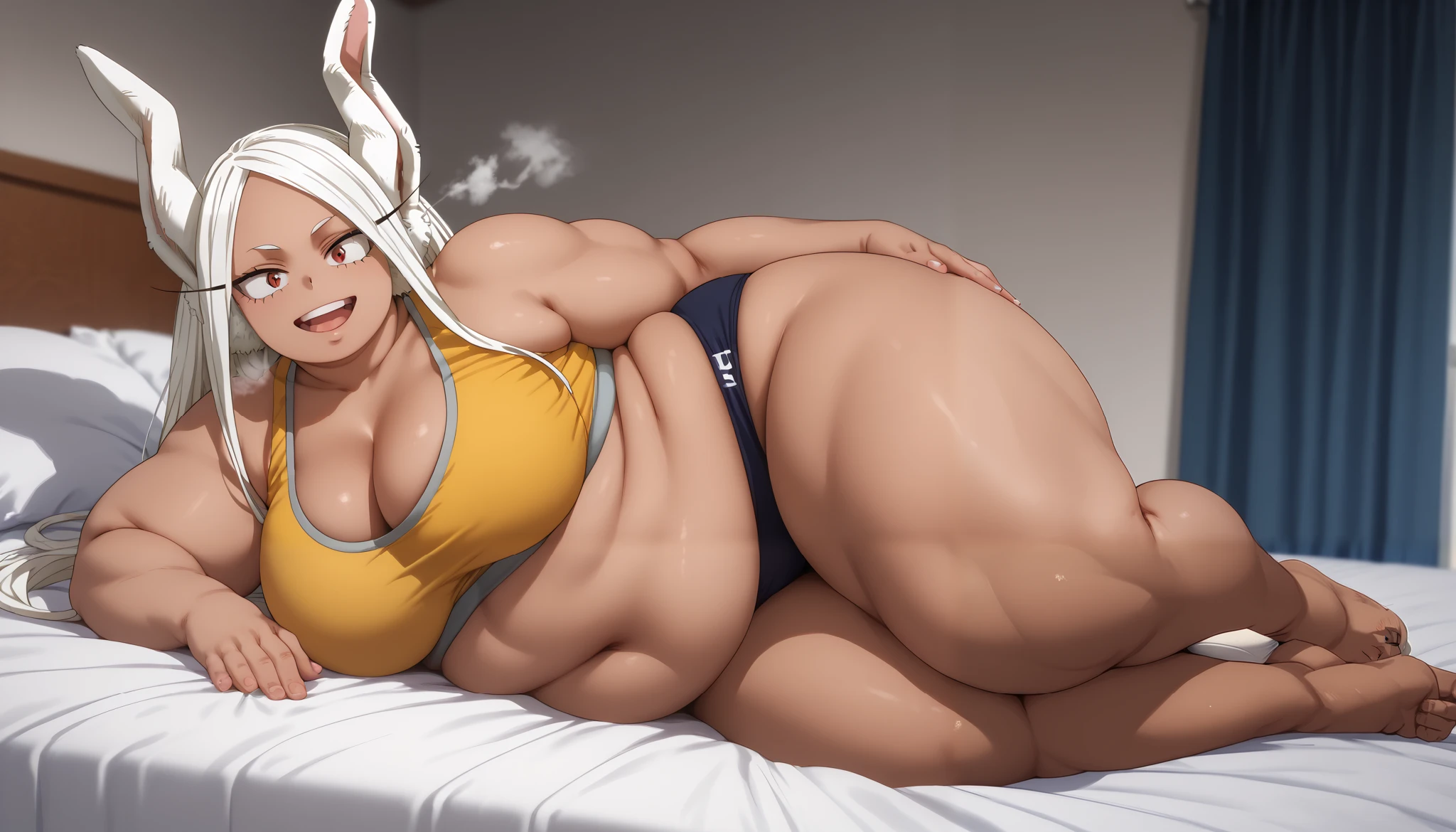 1girl, rumi usagiyama, My Hero Academia, (best quality), ((masterpiece)), (highres), 16K, animal ears, rabbit girl, dark skin, rabbit ears, red eyes, perfect face, long hair, white hair, parted bangs, wearing sports yellow bra, wearing black panties, busty body, large breasts and a beautiful ass, showcasing cleavage, legs, hips, looking at viewer, smile, detailed full body, lying on the bed fat, chubby, obese, gigantic arms and legs, large breasts open mouth, out of breath
