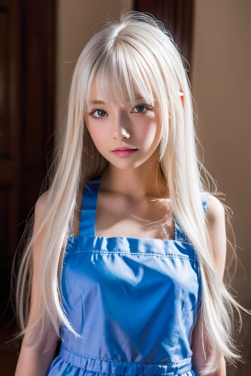  top quality、超A high resolution、picture、 cute girl pictures 、 cute and beautiful face details 、( Pueros Face _v1:0.008)、美しいbangs、 Alice in Wonderland、s、White and glowing skin、bangs、Platinum blonde super long straight silky hair、Thin Hair、Attractive beautiful clear big blue eyes、 white apron、 Blue Dress 、With makeup