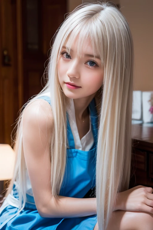  top quality、超A high resolution、picture、 cute girl pictures 、 cute and beautiful face details 、( Pueros Face _v1:0.008)、美しいbangs、 Alice in Wonderland、s、White and glowing skin、bangs、Platinum blonde super long straight silky hair、Thin Hair、Attractive beautiful clear big blue eyes、 white apron、 Blue Dress 、With makeup