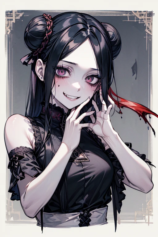 (Masterpiece: 1.2, top quality), (anatomically correct), (real photo, intricate detail), (one girl, bitch, upper body, short, skinny, legal loli scary atmosphere, distorted expression, blood splatter, facial cuts, facial burn, full body, black qipao, poor breasts, long hair, long bangs, bun twin Tail, black hair ((dark circles under eyes)), pale skin, poor health, sickly, evil smile, crazy eyes, (grin) dramatic makeup, mixed media art, white background