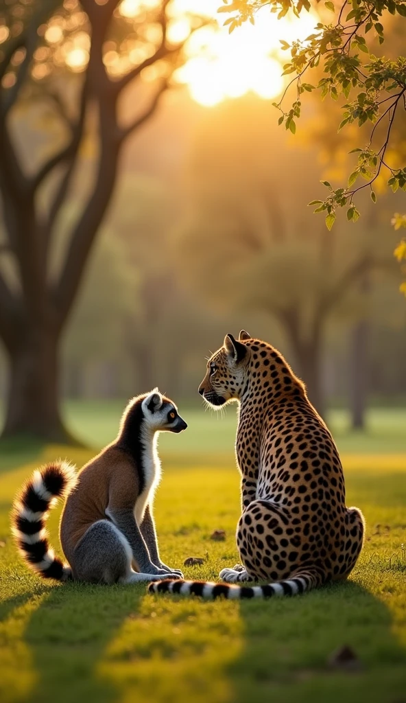 Pixar, leopards and goats playing together, a very beautiful background,
