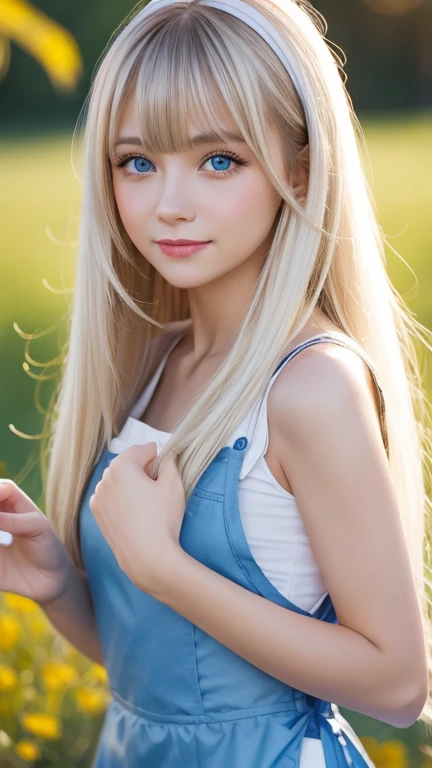  top quality、超A high resolution、picture、 cute girl pictures 、 cute and beautiful face details 、( Pueros Face _v1:0.008)、美しいbangs、 Alice in Wonderland、s、White and glowing skin、bangs、Platinum blonde super long straight silky hair、Thin Hair、Attractive beautiful clear big blue eyes、 white apron、 Blue Dress 、With makeup