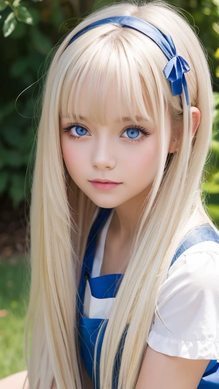  top quality、超A high resolution、picture、 cute girl pictures 、 cute and beautiful face details 、( Pueros Face _v1:0.008)、美しいbangs、 Alice in Wonderland、s、White and glowing skin、bangs、Platinum blonde super long straight silky hair、Thin Hair、Attractive beautiful clear big blue eyes、 white apron、 Blue Dress 、With makeup