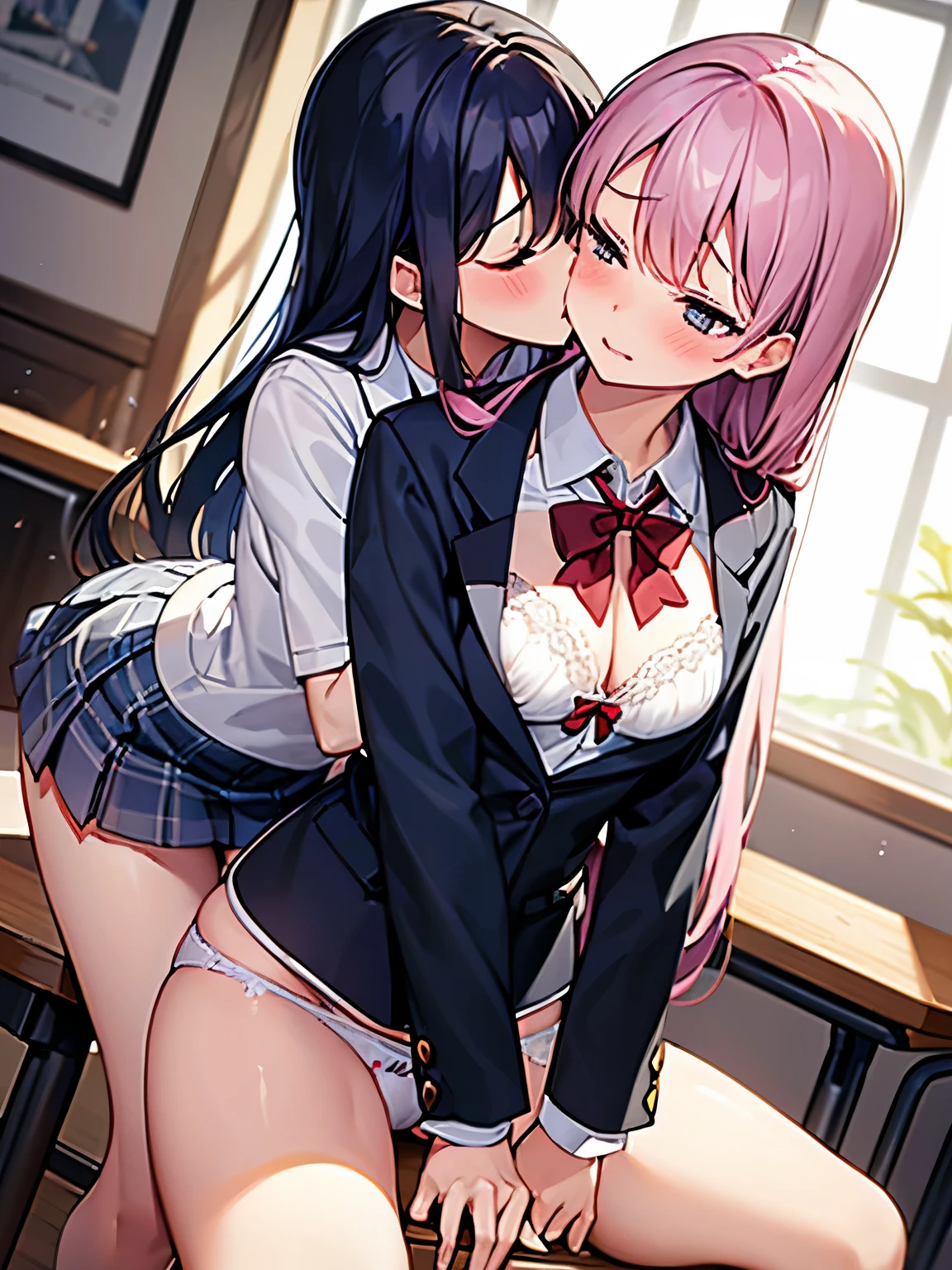 Butcha Art Style, (score_9, score_8_up), score_7_up, Two futa girls having sex, Penetration from behind ,futa asian, sexy, E-girls, Short hair, straight bangs, glasses, big breasts, Sweaty body, cleavage, Loose blouse, loose blouse, Panties, giant breasts, Big dick, orgasm, teeth grinding, shaking, effects, Sitting, Side view, school, Vaginal penetration, riding, cumming inside, Disguising, sitting on her lap with her back to her