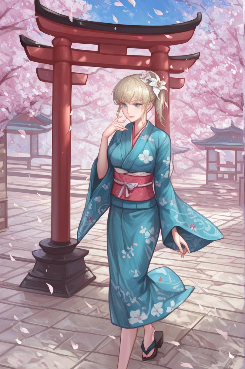 1 Girl,  unique , From above, (White lily), Aesthetic , Complex,  are of the best quality,  detailed background, Sayaka Miki, ((girl wearing a patterned teal  kimono:1.2)), (Walking in the Zen Garden),  Casual posture, Fine texture, Strike a pose, f lola l print, Hair Flower, Hair accessories,  kimono,  kimono, Heart, outdoor, pagoda, petal, (teal  kimono),  belt, Jingu, Sky, Stone steps, Torii, Wide sleeves, yukata 