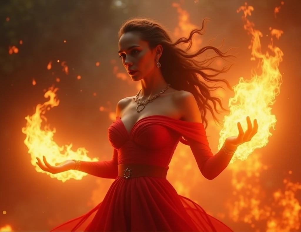 (papel de parede 8k extremamente detalhado), a photo in the middle of the photo of a powerful sorceress in a dark red dress walking in a burning forest at night, Complexo, altamente detalhado, and dramatic, Menina de 25 anos, menina em forma, Feliz:1.2, Pose de energia, poderoso, Cinematic lighting, Pirilampos, Bokeh, smoke billowing, power field, powerful aura visible, Aura brilhante:1.2, seios grandes, Burning areas, longo vestido de feiticeira de couro vermelho escuro, noite escura, burning trees, burning trees, Forest on Fire, forest fire