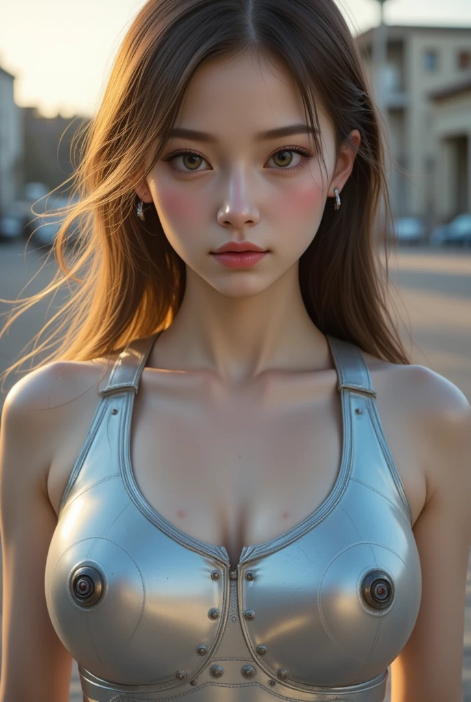 NSFW, very precise detailed,
sci-fi, cyber punk,

beautiful young android girl, humanface, (cute face:1.5),
brown hair, human skin, wet skin, big round eyes, bright eyes,
(silver metallic body:0.7), eyes highlights,

(line carving on the body, The body has exterior panel seams), humanization, nude, (rivets:1.25),

full body, view straight on, face the front,
pose, paw pose, real hair movement,

realistic light, catch light, face lightup,
in the ruined city, wind blowing, sunset,

hasselblad, 85mm f1.4 zeiss lens, HDR,