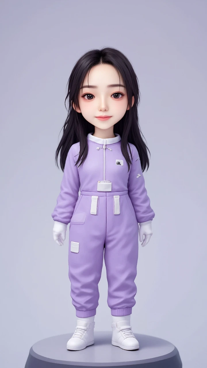  babe, wearing lilac jumpsuit, brown skin color, black straight hair, slanted eyes holding a cute doll