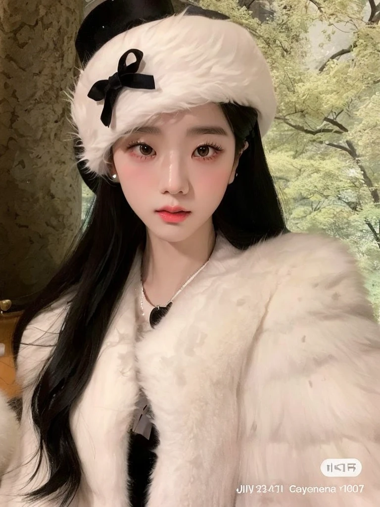 A close-up of a woman wearing a fur coat and a hat, ulzzang, pale, snow-white skin, Korean girl, pale Korean adorable face, beautiful dolphin, Jinyoung Shin, Young and adorable Korean face, dilraba dilmurat, white hime cut hairstyle, Beautiful young Korean, Kim Doyoung, jisoo of blackpink,  Beautiful South Korean woman 