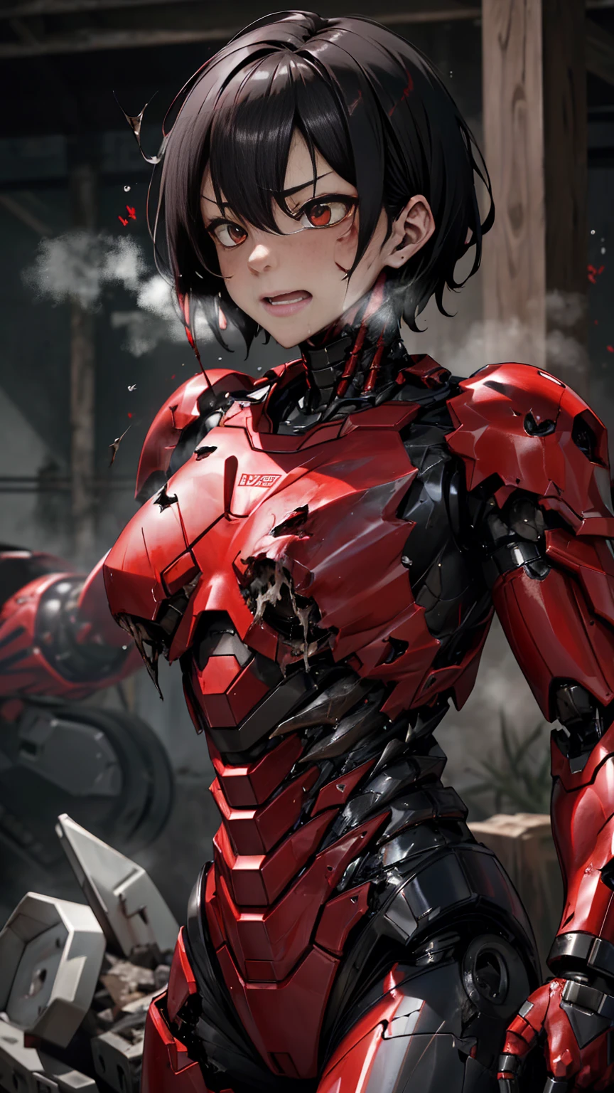 Rough skin,   very detailed ,  Graveyard details   ,   High Quality , 最  High Quality ,   kampala, 1080P 、Bleeding、Red Armor、Wearing red and black、cute(( severe damage to the entire body ))(  wearing a damaged female robot suit...)(Red Armor)(Broken Armor)  black hair 、、 short hair、  wet 、  mouth、Sweaty face、It hurts again　I'm surrendering　defeat、 Female university student 　　( steam coming out of the face ) ((  steam from the body  ))  椅子に座る　 Touching the vagina　   Can you look up at the  　pain　