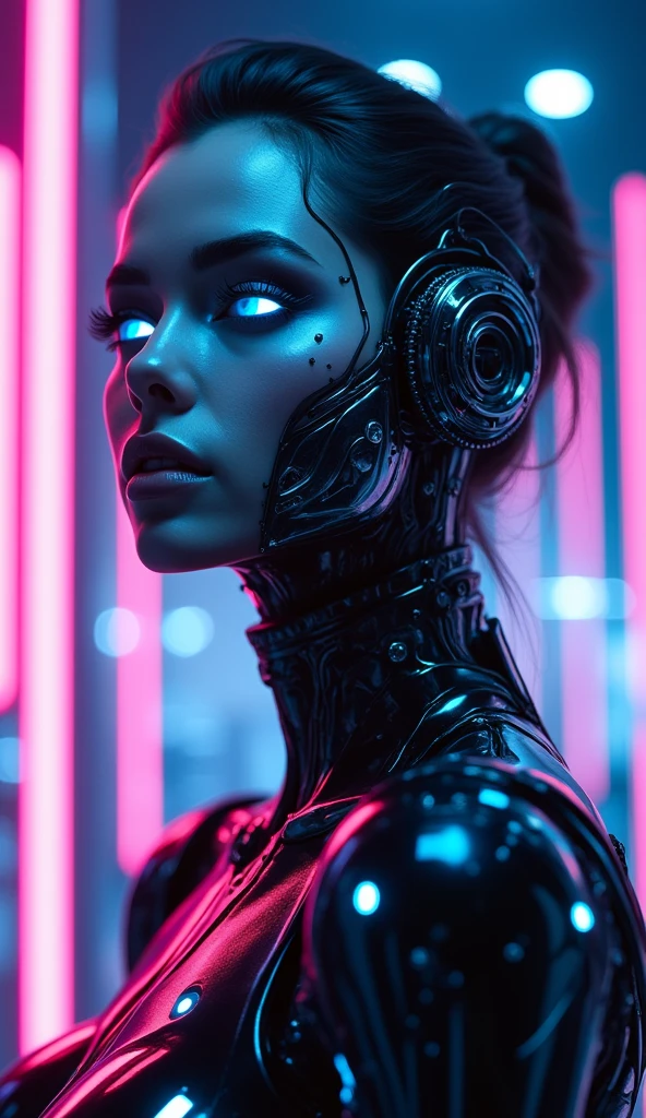 Here's the description with the character styled in a white Spider-Woman uniform:

"In a striking cyberpunk metropolis, a vivid portrait captures the woman as a stunning bionic figure, confidently posing for the camera in a bustling future marketplace. She wears a sleek white Spider-Woman uniform that hugs her form, accentuating her powerful stature while showcasing her intricately designed bionic enhancements—glowing circuitry visible beneath the elastic fabric, pulsing rhythmically with the neon lights surrounding her.

Her radiant skin glows under the kaleidoscope of colorful holographic displays advertising futuristic products and services, creating an electrifying backdrop that enhances her presence. Her afro hair, now interwoven with delicate filaments of light, frames her face beautifully as she gazes directly into the lens, her synthetic eyes brimming with confidence and allure, embodying both strength and elegance.

The air is charged with the sounds of lively conversations and the whir of drones delivering goods, but in this moment, she commands the scene, a captivating figure amid the vibrant chaos. A digital projection of upcoming tech innovations glimmers beside her, showcasing art and messages of social change that resonate deeply with her powerful presence.

(Radiant neon lighting, deep contrasts, and sharp details), 160-color support, filmed on ARRI ALEXA 65, creating an immersive experience that feels both surreal and breathtakingly real. Shot by Don McCullin, this image connects her striking bionic features, echoing those of Angelina Jolie, with the heart of a futuristic world, capturing a moment that’s as enchanting as it is transformative."

beauty, cyberpunk, bionic, futuristic, Spider-Woman, model, elegance, urban, glamour, fashion, stunning, radiant, neon, confident, striking, innovative, artistic, technological, sophisticated, captivating, immersive, gritty, cultural, portrait, beauty photography, professional model, avant-garde, urban landsc